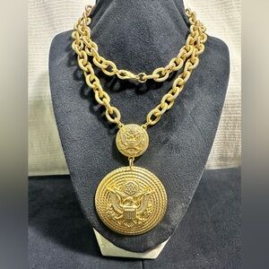 NOS/ Vtg Etched Gold Toned Double Coat Of Arms Coin Necklace